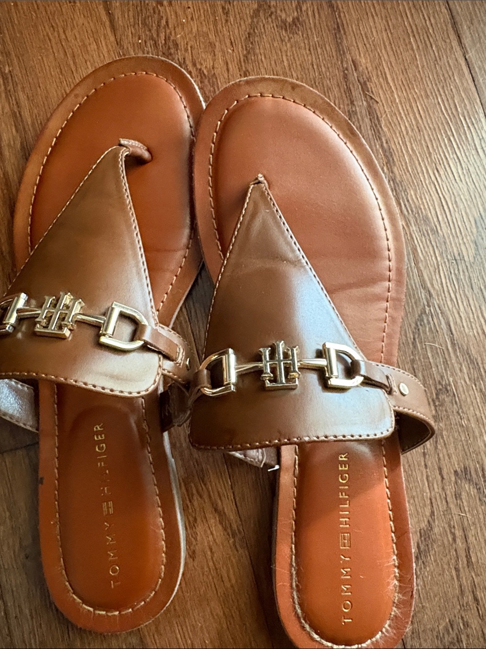 Tommy Hilfiger Tan Leather Slide Mules with Gold Hardware